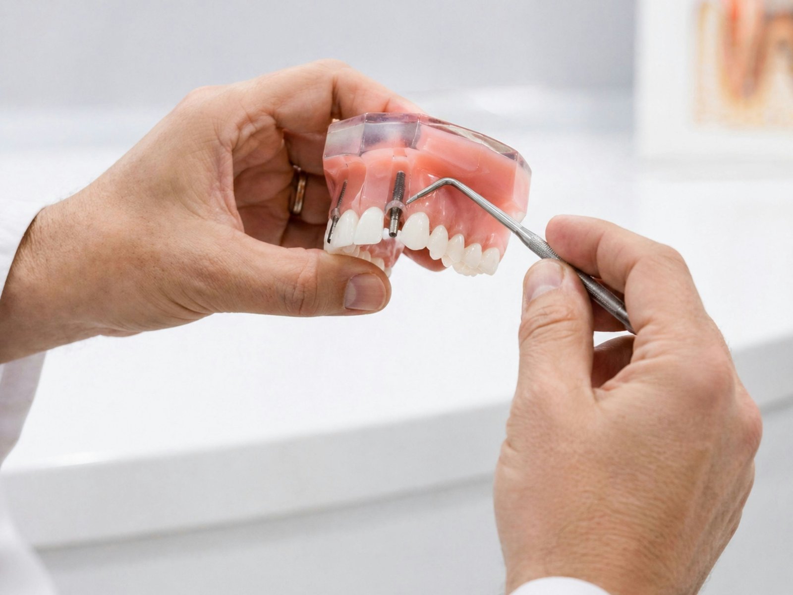 Dentist explaining treatment on a dental model